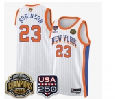 Men's New Yok Knicks #23 Mitchell Robinson White Stripes 2026 Finals Patch &USA 250 Patch Stitched Basketball Jersey Men's New Yok Knicks #23 Mitchell Robinson White Stripes 2026 Finals Patch &USA 250 Patch Stitched Basketball Jersey