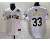 Men's New York Knicks #33 Patrick Ewing White Gold 2026 Finals & Eastern Conference Champions Patch Stitched Baseball Jersey Men's New York Knicks #33 Patrick Ewing White Gold 2026 Finals & Eastern Conference Champions Patch Stitched Baseball Jersey