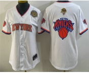 Women's New York Knicks Team Big Logo White 2026 Finals Eastern Conference Champions Patch Stitched Baseball Jersey Women's New York Knicks Team Big Logo White 2026 Finals Eastern Conference Champions Patch Stitched Baseball Jersey