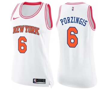 Women's Nike New York Knicks #6 Kristaps Porzingis Swingman White Pink Fashion NBA Jersey