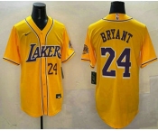 Men's Los Angeles Lakers #24 Kobe Bryant Number Yellow Purple With Patch Cool Base Stitched Baseball Jersey