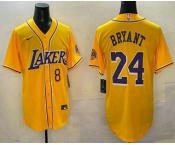 Men's Los Angeles Lakers #8 24 Kobe Bryant Yellow Purple With Patch Cool Base Stitched Baseball Jersey