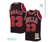 Men's Chicago Bulls #23 Michael Jordan 1997-98 Swingman Black Pinstripe Mitchell&Ness Throwback Jersey Men's Chicago Bulls #23 Michael Jordan 1997-98 Swingman Black Pinstripe Mitchell&Ness Throwback Jersey