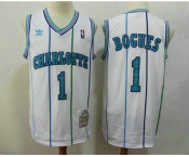 Men's Charlotte Hornets #1 Muggsy Bogues 1992-93 White Hardwood Classics Soul Swingman Throwback Jersey With Adidas