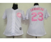 MLB Women Jerseys Chicago Cubs #23 Sandberg White[Pink strip]