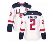 Women's Adidas Team USA #2 Matt Niskanen Authentic White Home 2016 World Cup Hockey Jersey