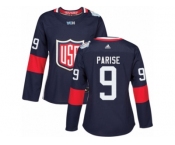 Women's Adidas Team USA #9 Zach Parise Premier Navy Blue Away 2016 World Cup Hockey Jersey