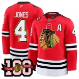 Men's Chicago Blackhawks #4 Seth Jones Red 2025 Home 100th Anniversary With A Patch Stitched Hockey Jersey