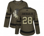 Women Adidas Chicago Blackhawks #28 Henri Jokiharju Authentic Green Salute to Service NHL Jersey