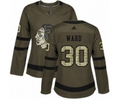 Women Adidas Chicago Blackhawks #30 Cam Ward Authentic Green Salute to Service NHL Jersey