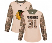 Women Adidas Chicago Blackhawks #31 Anton Forsberg Authentic Camo Veterans Day Practice NHL Jersey