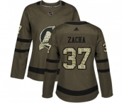 Women New Jersey Devils #37 Pavel Zacha Authentic Green Salute to Service Hockey Jersey