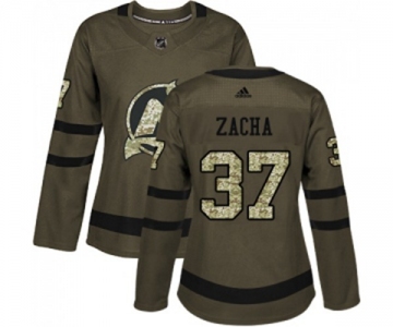 Women New Jersey Devils #37 Pavel Zacha Authentic Green Salute to Service Hockey Jersey