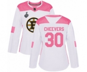 Women's Boston Bruins #30 Gerry Cheevers Authentic White Pink Fashion 2019 Stanley Cup Final Bound Hockey Jersey