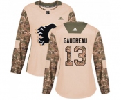 Women Calgary Flames #13 Johnny Gaudreau Authentic Camo Veterans Day Practice Hockey Jersey