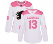 Women Calgary Flames #13 Johnny Gaudreau Authentic White Pink Fashion Hockey Jersey