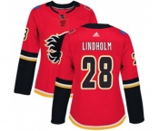 Women Calgary Flames #28 Elias Lindholm Authentic Red Home Hockey Jersey