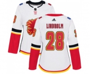 Women Calgary Flames #28 Elias Lindholm Authentic White Away Hockey Jersey