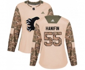 Women Calgary Flames #55 Noah Hanifin Authentic Camo Veterans Day Practice Hockey Jersey
