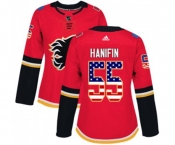 Women Calgary Flames #55 Noah Hanifin Authentic Red USA Flag Fashion Hockey Jersey