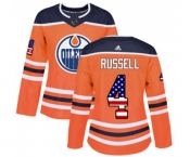 Women Adidas Edmonton Oilers #4 Kris Russell Authentic Orange USA Flag Fashion NHL Jersey