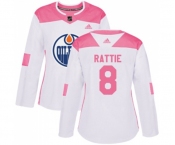 Women Adidas Edmonton Oilers #8 Ty Rattie Authentic White Pink Fashion NHL Jersey
