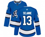 Women Adidas Winnipeg Jets #13 Teemu Selanne Authentic Blue Alternate NHL Jersey