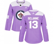 Women Adidas Winnipeg Jets #13 Teemu Selanne Authentic Purple Fights Cancer Practice NHL Jersey