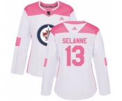 Women Adidas Winnipeg Jets #13 Teemu Selanne Authentic White Pink Fashion NHL Jersey