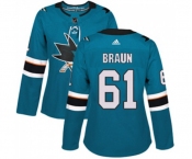 Women Adidas San Jose Sharks #61 Justin Braun Authentic Teal Green Home NHL Jersey