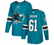Youth Adidas San Jose Sharks #61 Justin Braun Authentic Teal Green Home NHL Jersey