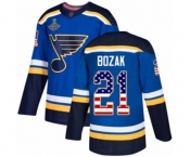 Men's St. Louis Blues #21 Tyler Bozak Authentic Blue USA Flag Fashion 2019 Stanley Cup Champions Hockey Jersey