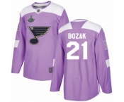 Youth St. Louis Blues #21 Tyler Bozak Authentic Purple Fights Cancer Practice 2019 Stanley Cup Champions Hockey Jersey