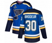 Youth St. Louis Blues #30 Martin Brodeur Authentic Royal Blue Home 2019 Stanley Cup Champions Hockey Jersey
