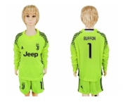 Juventus #1 Buffon Shiny Green Goalkeeper Long Sleeves Kid Soccer Club Jersey