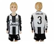 Juventus #3 Chiellini Home Long Sleeves Kid Soccer Club Jersey