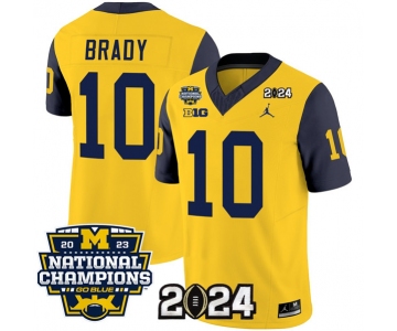 Men's Michigan Wolverines #10 Tom Brady Yellow Navy 2024 F.U.S.E. With 2023 National Champions Patch Stitched Jersey