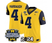 Men's Michigan Wolverines #4 Jim Harbaugh Yellow Navy 2024 F.U.S.E. With 2023 National Champions Patch Stitched Jersey