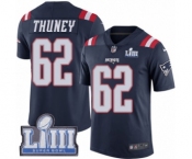 Men's Nike New England Patriots #62 Joe Thuney Limited Navy Blue Rush Vapor Untouchable Super Bowl LIII Bound NFL Jersey