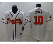 Men's Atlanta Braves #10 Chipper Jones 2022 White Gold World Series Champions Program Cool Base Stitched Baseball Jersey