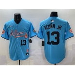 Men's Atlanta Braves #13 Ronald Acuna Jr. Blue 2024 Atliens & Peach With Outkast Patch Vapor Limited Stitched Baseball Jersey Men's Atlanta Braves #13 Ronald Acuna Jr. Blue 2024 Atliens & Peach With Outkast Patch Vapor Limited Stitched Baseball Jersey