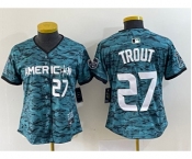 Women's Los Angeles Angels #27 Mike Trout Number Teal 2023 All Star Cool Base Stitched Jersey