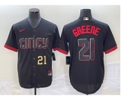 Men's Cincinnati Reds #21 Hunter Greene Number Black 2023 City Connect Cool Base Stitched Jersey