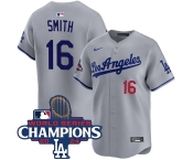 Men's Los Angeles Dodgers #16 Will Smith Gray 2024 World Series Champions Patch Limited Stitched Baseball Jersey
