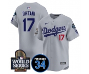 Men's Los Angeles Dodgers #17 Shohei Ohtani Grey 2024 World Series With Fernando Memorial Patch Limited Stitched Baseball Jersey