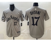 Men's Los Angeles Dodgers #17 Shohei Ohtani Grey LA Gothic Style With 2025 World Series Champions Patch Limited Stitched Baseball Jersey
