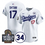 Men's Los Angeles Dodgers #17 Shohei Ohtani White 2024 World Series With No. 34 Patch Limited Stitched Baseball Jersey
