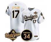 Men's Los Angeles Dodgers #17 Shohei Ohtani White Gold 2025 World Series With No.34 Patch Limited Stitched Baseball Jersey Men's Los Angeles Dodgers #17 Shohei Ohtani White Gold 2025 World Series With No.34 Patch Limited Stitched Baseball Jersey