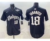 Men's Los Angeles Dodgers #18 Yoshinobu Yamamoto Black 2025 LA Gothic Style With 2025 World Series Patch Vapor Premier Limited Stitched Baseball Jersey Men's Los Angeles Dodgers #18 Yoshinobu Yamamoto Black 2025 LA Gothic Style With 2025 World Series Patch Vapor Premier Limited Stitched Baseball Jersey