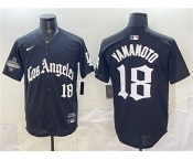 Men's Los Angeles Dodgers #18 Yoshinobu Yamamoto Black LA Gothic Style With 2025 World Series Champions Patch Limited Stitched Baseball Jersey